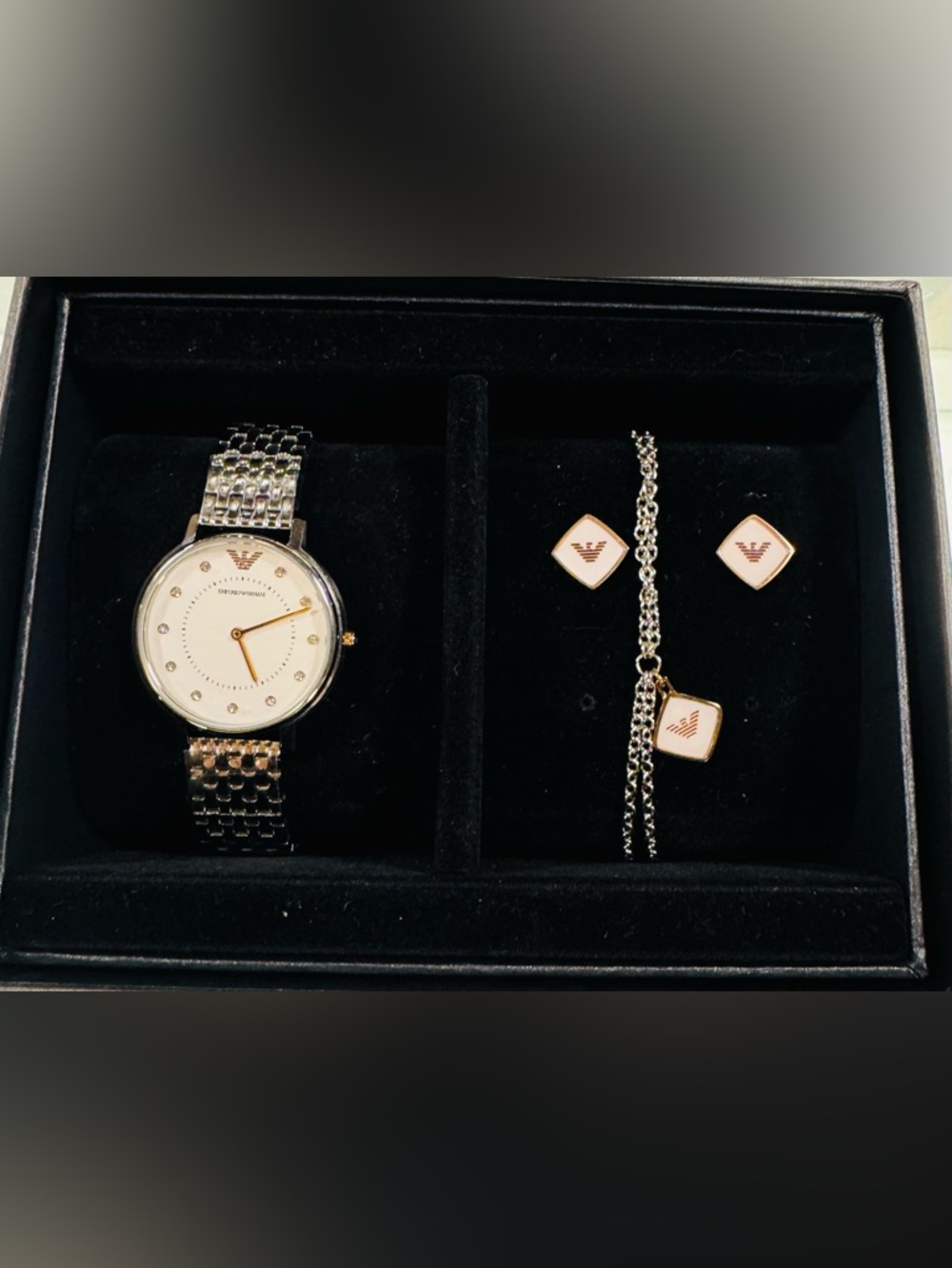 Emporio Armani Silver and White Watch with Matching Jewelry Set